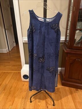 Island Company Navy Blue Sleeveless Maxi Dress with Tropical Leaf Motif